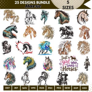 Peut inclure: Un ensemble de 25 motifs de chevaux dans divers styles et couleurs, comprenant des aquarelles, des dessins au trait et des illustrations. Les motifs sont étiquetés avec le texte "25 DESIGNS BUNDLE Horse" et "5 SIZES". Certains motifs incluent le texte "Loved" et "Just a girl who loves Horses".