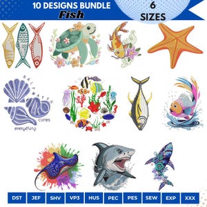 Peut inclure: Un ensemble de 10 motifs de broderie sur le thème des poissons. Les motifs comprennent des poissons, une tortue de mer, une étoile de mer et des coquillages. Le texte "10 DESIGNS BUNDLE Fish" et "6 SIZES" sont affichés en haut. Plusieurs formats de fichiers sont disponibles.