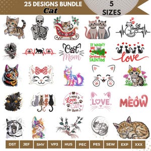 May include: A collection of 25 cat-themed designs, including illustrations of cats, text like "Cat Mom" and "Love," and a heartbeat graphic. The designs are available in 5 sizes, suitable for various crafting projects.