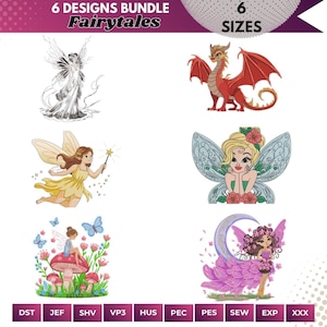 Könnte beinhalten: Ein Bundle mit sechs Stickmustern zum Thema Märchen. Die Designs umfassen eine Fee, einen Drachen und andere Fantasiewesen. Das Bild enthält auch den Text "6 DESIGNS BUNDLE Fairytales" und "6 SIZES".