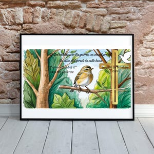 May include: Framed art print featuring a watercolor illustration of a sparrow perched on a branch. The artwork includes a gold cross, a white dove, and text from Matthew 10:29. The background depicts a forest scene with trees and foliage.