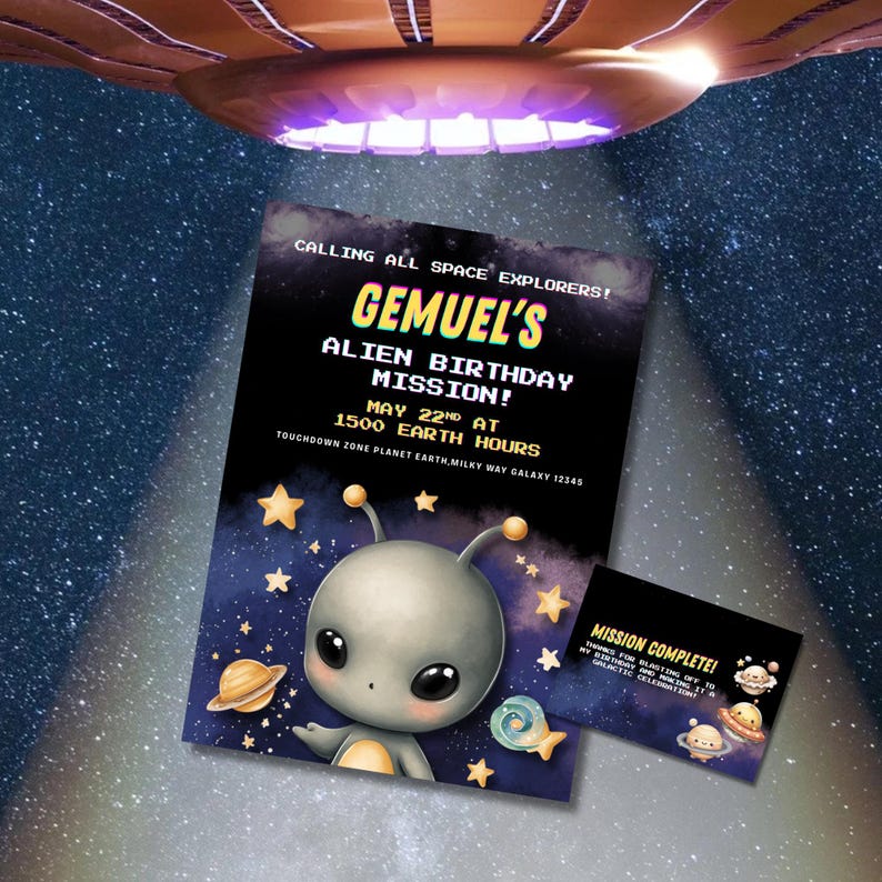 Editable Alien Birthday Invitation Template, UFO Spaceship Kid's Party ...