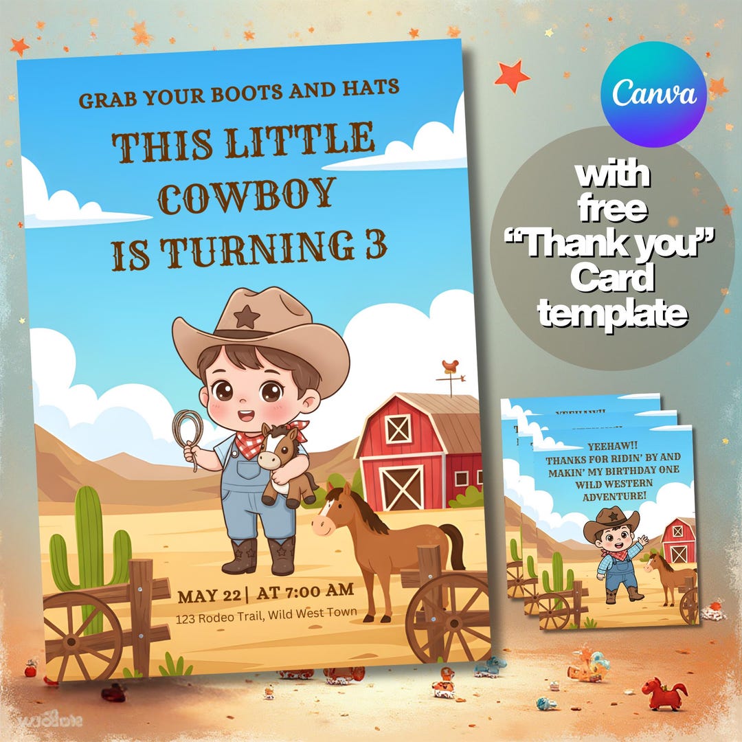 Editable Cowboy Birthday Invitation Template, Little Cowboy is 3 Rodeo ...
