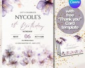 Elegant Purple Floral 18th Birthday Invitation - Editable Garden Party Invite for Any Age, Lavender Wildflower Garden Party Invitation