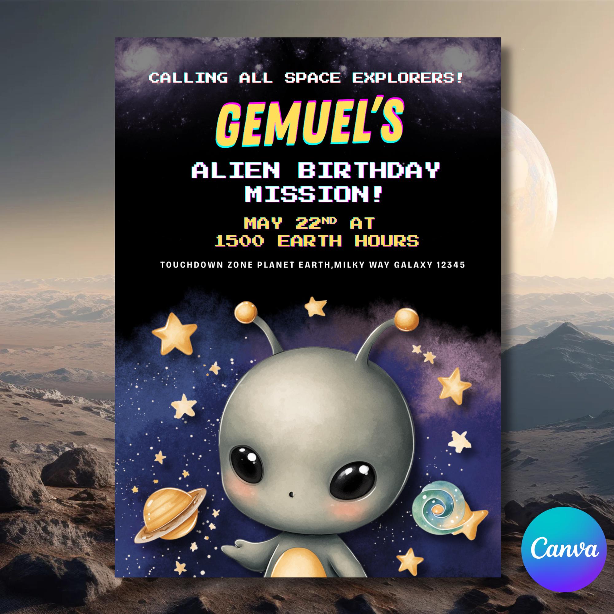 Editable Alien Birthday Invitation Template, UFO Spaceship Kid's Party ...