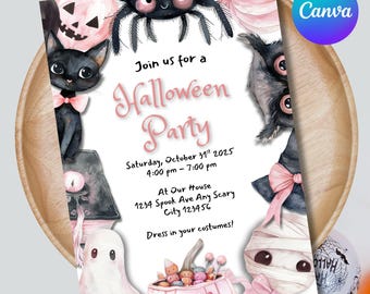 May include: A Halloween party invitation with watercolor illustrations of a black cat, spider, owl, and mummy. The invitation text reads "Join us for a Halloween Party" with date, time, and address details. The design features pink and black accents.