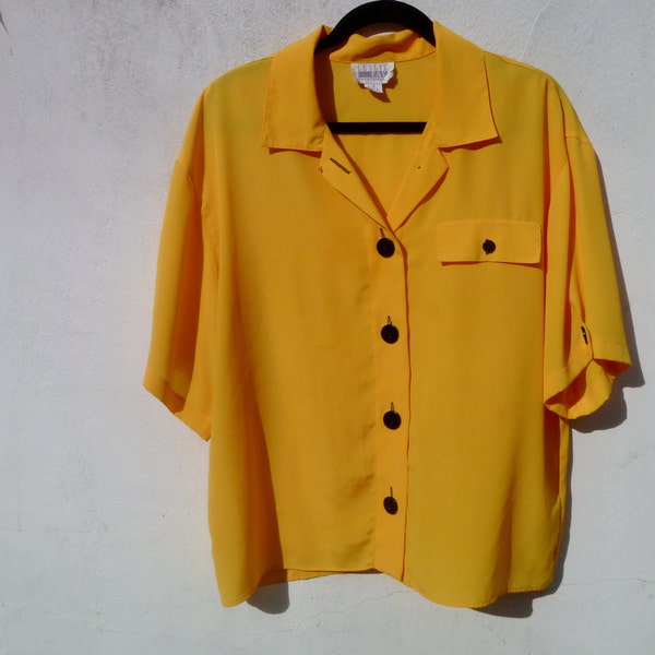 Vintage 1990's Oversized Solid Yellow Button Down Shirt by Leslie Fay