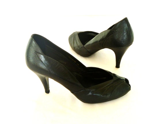 Vintage 80's Black Leather Contoured Peep-toe Heels From | Etsy