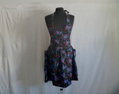 Vintage 90 39 s Black Denim Neon Floral Halter Neck Onesie Overalls with Expanding Skirt by Genuine Blues Size Medium