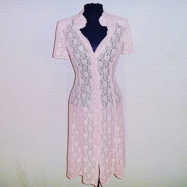 Vintage 1980's Pink Lace Dress with Keyhole Chest and Buttoning Neck by Dawn Joy Women's Small 2-4