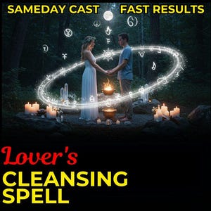 May include: An image of a couple holding hands in a forest setting, surrounded by candles and glowing symbols. The text reads "Sameday Cast, Fast Results" and "Lover's Cleansing Spell."