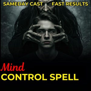 May include: Digital art featuring a young person with glowing eyes, held by a dark figure. Text at the top reads "SAMEDAY CAST FAST RESULTS." Bold text at the bottom says "Mind CONTROL SPELL."