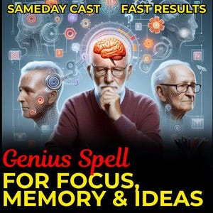 May include: A red and white illustration of a brain with the text "Genius Spell" in red and "FOR FOCUS, MEMORY & IDEAS" in yellow. The image also features three people with a blue and white background.