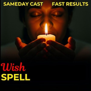 Puede incluir: Una vela blanca encendida sostenida en manos ahuecadas, con la llama brillando intensamente. Las palabras "SAMEDAY CAST" y "FAST RESULTS" están en la parte superior. Las palabras "Wish SPELL" están en la parte inferior.
