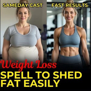 May include: Before and after image showing a woman's weight loss journey. The image on the left shows the woman before her weight loss, wearing a gray shirt. The image on the right shows the woman after her weight loss, wearing a gray sports bra and black shorts. The text on the image reads "Sameday Cast, Fast Results, Weight Loss Spell to Shed Fat Easily."