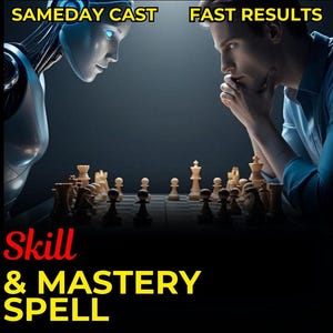Puede incluir: Imagen de una partida de ajedrez entre un humano y un robot. El texto en la parte superior dice "SAMEDAY CAST" y "FAST RESULTS". El texto en la parte inferior dice "Skill & MASTERY SPELL". Las piezas de ajedrez están dispuestas en un tablero.