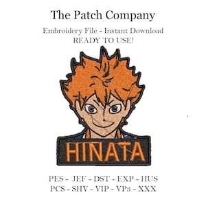 Op de afbeelding: Geborduurde patch met een oranjeharige anime-personage met de naam "HINATA" in oranje op een zwarte achtergrond. De tekst "The Patch Company" en "Embroidery File" zijn ook zichtbaar.