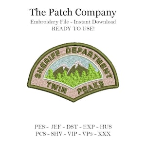 May include: Embroidered patch with the text "Sheriff Department Twin Peaks" in green and white lettering on a brown background. The patch features a green mountain range with white snow peaks.