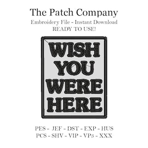 Puede incluir: Diseño de bordado en blanco y negro de un cartel que dice "Wish You Were Here".