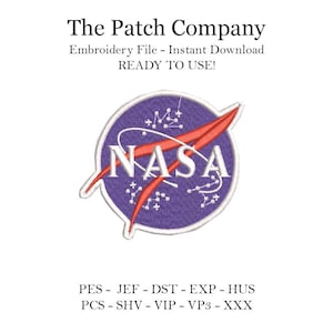 May include: Purple and red NASA logo embroidery file for instant download. The file includes the following formats: PES, JEF, DST, EXP, HUS, PCS, SHV, VIP, VP3, XXX.