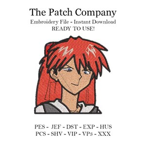 Puede incluir: Parche bordado de un personaje de anime de pelo rojo con una sonrisa irónica. El texto "The Patch Company" está en la parte superior de la imagen. El texto "Embroidery File - Instant Download READY TO USE!" está debajo del personaje. El texto "PES - JEF - DST - EXP - HUS PCS - SHV - VIP - VP3 - XXX" está en la parte inferior de la imagen.