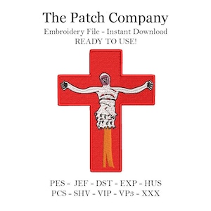 May include: Red cross embroidery design featuring a white figure in the centre. The design includes the text "The Patch Company" and "Embroidery File - Instant Download READY TO USE!" and a list of file formats: PES - JEF - DST - EXP - HUS PCS - SHV - VIP - VP3 - XXX