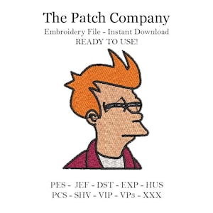 Puede incluir: Diseño bordado de un personaje de dibujos animados con cabello rojo, usando gafas y una camisa roja. El texto "The Patch Company" está en la parte superior de la imagen. El texto "Embroidery File - Instant Download READY TO USE!" está debajo del personaje. El texto "PES - JEF - DST - EXP - HUS PCS - SHV - VIP - VP3 - XXX" está en la parte inferior de la imagen.