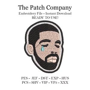Puede incluir: Una ilustración de dibujos animados en blanco y negro de una persona con una lágrima que le cae del ojo. El texto "The Patch Company" está en la parte superior de la imagen. El texto "Embroidery File - Instant Download" está debajo de la imagen. El texto "READY TO USE!" está debajo del texto anterior. El texto "PES - JEF - DST - EXP - HUS" está debajo de la imagen. El texto "PCS - SHV - VIP - VP3 - XXX" está debajo del texto anterior.