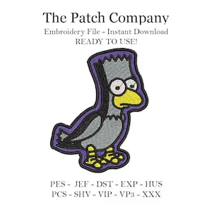 May include: An embroidered patch featuring a cartoon bird with a yellow beak and grey feathers. The bird is standing on a purple background. The text "The Patch Company" is at the top of the image. The text "Embroidery File - Instant Download READY TO USE!" is below the bird. The text "PES - JEF - DST - EXP - HUS PCS - SHV - VIP - VP3 - XXX" is at the bottom of the image.