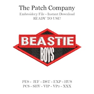May include: Red and black diamond-shaped embroidery design with the text "BEASTIE BOYS" in white. The text "PES - JEF - DST - EXP - HUS PCS - SHV - VIP - VP3 - XXX" is below the design.