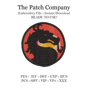 Peut inclure: Un logo de tête de dragon noir et jaune sur un cercle rouge. Le texte "The Patch Company" est au-dessus du logo. Le texte "Embroidery File - Instant Download" est sous le logo. Le texte "READY TO USE!" est sous le texte "Embroidery File - Instant Download". Le texte "PES - JEF - DST - EXP - HUS" est sous le logo. Le texte "PCS - SHV - VIP - VP3 - XXX" est sous le texte "PES - JEF - DST - EXP - HUS".