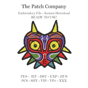 May include: A colorful embroidery design of the Majora's Mask from the Legend of Zelda video game. The mask is red, purple, green, yellow, and black. The design is available in PES, JEF, DST, EXP, HUS, PCS, SHV, VIP, VP3, and XXX file formats.