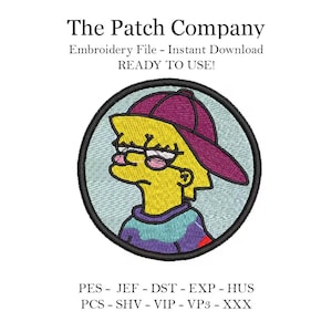 Puede incluir: Un personaje de dibujos animados amarillo con ropa morada y roja y una gorra de béisbol morada. El personaje lleva gafas y tiene el ceño fruncido. La imagen está en un círculo con un fondo azul claro. El texto "The Patch Company" está en la parte superior de la imagen. El texto "Embroidery File - Instant Download" está debajo de la imagen. El texto "READY TO USE!" está debajo del texto "Embroidery File - Instant Download". El texto "PES - JEF - DST - EXP - HUS" está debajo de la imagen. El texto "PCS - SHV - VIP - VP3 - XXX" está debajo del texto "PES - JEF - DST - EXP - HUS".