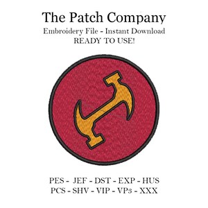Puede incluir: Diseño de bordado de círculo rojo con un símbolo de martillo y hoz dorado. El texto "The Patch Company" está en la parte superior de la imagen. El texto "Embroidery File - Instant Download" está debajo del círculo. El texto "READY TO USE!" está debajo de la segunda línea de texto. El texto "PES - JEF - DST - EXP - HUS" está debajo del círculo. El texto "PCS - SHV - VIP - VP3 - XXX" está debajo de la línea de texto anterior.