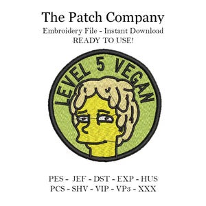 May include: Embroidered patch with a green background and a yellow cartoon character with blonde hair. The text "LEVEL 5 VEGAN" is written in a black circle around the character.