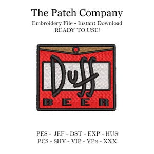 Pode incluir: Design de bordado vermelho e branco de uma lata de cerveja Duff. O design inclui as palavras "Duff" e "Beer" em texto preto.