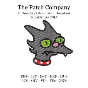May include: Embroidery file for a gray cat with green glasses and a red and white collar. The file is available for instant download and is ready to use. The file formats include PES, JEF, DST, EXP, HUS, PCS, SHV, VIP, VP3, and XXX.