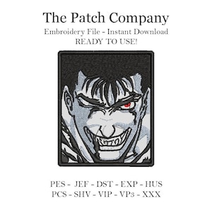 May include: Black and white embroidery design of a character with a menacing grin and one red eye. The design is framed in a black square. The text "PES - JEF - DST - EXP - HUS PCS - SHV - VIP - VP3 - XXX" is below the design.