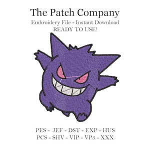 May include: Purple and white embroidery design of a cartoon ghost with a wide grin. The design is labeled "PES - JEF - DST - EXP - HUS PCS - SHV - VIP - VP3 - XXX".
