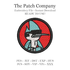 Puede incluir: Parche bordado con un personaje de dibujos animados en colores azul y blanco, que lleva gafas de sol y un fondo rojo. El texto "The Patch Company" está en la parte superior de la imagen. El texto "Embroidery File - Instant Download READY TO USE!" está debajo de la imagen. El texto "PES - JEF - DST - EXP - HUS PCS - SHV - VIP - VP3 - XXX" está en la parte inferior de la imagen.