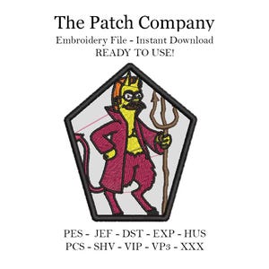 May include: Embroidered patch of a yellow cartoon character with a red devil costume, holding a trident. The text "The Patch Company" is at the top of the image. The text "Embroidery File - Instant Download READY TO USE!" is below the character. The text "PES - JEF - DST - EXP - HUS PCS - SHV - VIP - VP3 - XXX" is at the bottom of the image.