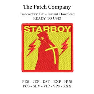 May include: A yellow square embroidery patch with the text "STARBOY" in red letters. A red silhouette of a person wearing a hooded cloak and sunglasses is in the centre of the patch. Two yellow lightning bolts are on either side of the person.