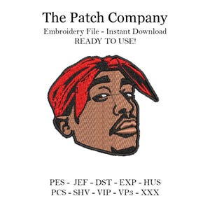 May include: Embroidered patch of a person with a red bandana, brown skin, and a serious expression. The text "PES - JEF - DST - EXP - HUS PCS - SHV - VIP - VP3 - XXX" is below the image.