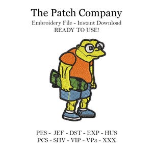 Könnte beinhalten: Eine gelbe Comicfigur mit orangefarbenem Shirt und blauer Hose, die einen grünen Rucksack trägt. Der Text "The Patch Company" befindet sich oben im Bild. Der Text "Embroidery File - Instant Download" befindet sich unter der Figur. Der Text "READY TO USE!" befindet sich unter dem vorherigen Text. Der Text "PES - JEF - DST - EXP - HUS" befindet sich unten im Bild. Der Text "PCS - SHV - VIP - VP3 - XXX" befindet sich unter dem vorherigen Text.