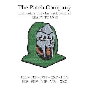 Puede incluir: Un parche bordado con una figura verde con capucha y una máscara plateada. El texto "The Patch Company" está en la parte superior de la imagen. El texto "Embroidery File - Instant Download READY TO USE!" está debajo de la imagen. El texto "PES - JEF - DST - EXP - HUS PCS - SHV - VIP - VP3 - XXX" está en la parte inferior de la imagen.