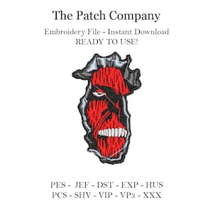 May include: Red and black embroidery design of a face with a ripped background. The text "The Patch Company" is at the top of the image. The text "Embroidery File - Instant Download READY TO USE!" is below the image. The text "PES - JEF - DST - EXP - HUS PCS - SHV - VIP - VP3 - XXX" is at the bottom of the image.