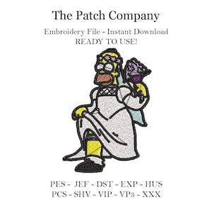 Puede incluir: Un personaje de dibujos animados amarillo vestido con un vestido de novia blanco y sosteniendo un ramo de flores moradas. El personaje está arrodillado con una pierna extendida. El texto "The Patch Company" está en la parte superior de la imagen. El texto "Embroidery File - Instant Download READY TO USE!" está debajo del personaje. El texto "PES - JEF - DST - EXP - HUS PCS - SHV - VIP - VP3 - XXX" está en la parte inferior de la imagen.