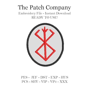 Puede incluir: Un símbolo rojo dentro de un círculo gris, delineado en negro, sobre un fondo blanco. El texto "The Patch Company" y "Archivo de bordado - Descarga instantánea ¡LISTO PARA USAR!" están en la parte superior. Formatos de archivo de bordado debajo.