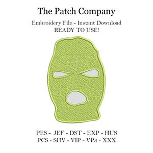 Puede incluir: Parche bordado verde de una máscara de esquí con agujeros para los ojos y la boca. El texto "PES - JEF - DST - EXP - HUS PCS - SHV - VIP - VP3 - XXX" está debajo de la imagen.