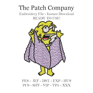 May include: An embroidery file from The Patch Company features a cartoon character in a purple shawl. The character is yellow with a surprised expression. Text on the image reads "Embroidery File - Instant Download READY TO USE!"